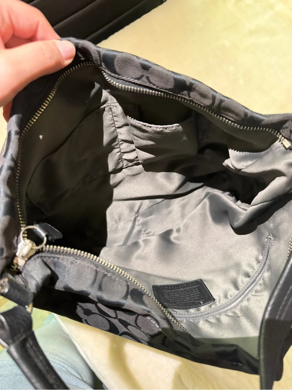 Coach Black Signature Shoulder Bag with Leather Trim